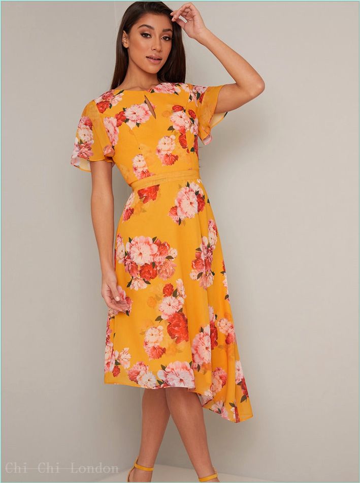  Angel Sleeve Floral Print Midi Dress in Yellow 70800YEL