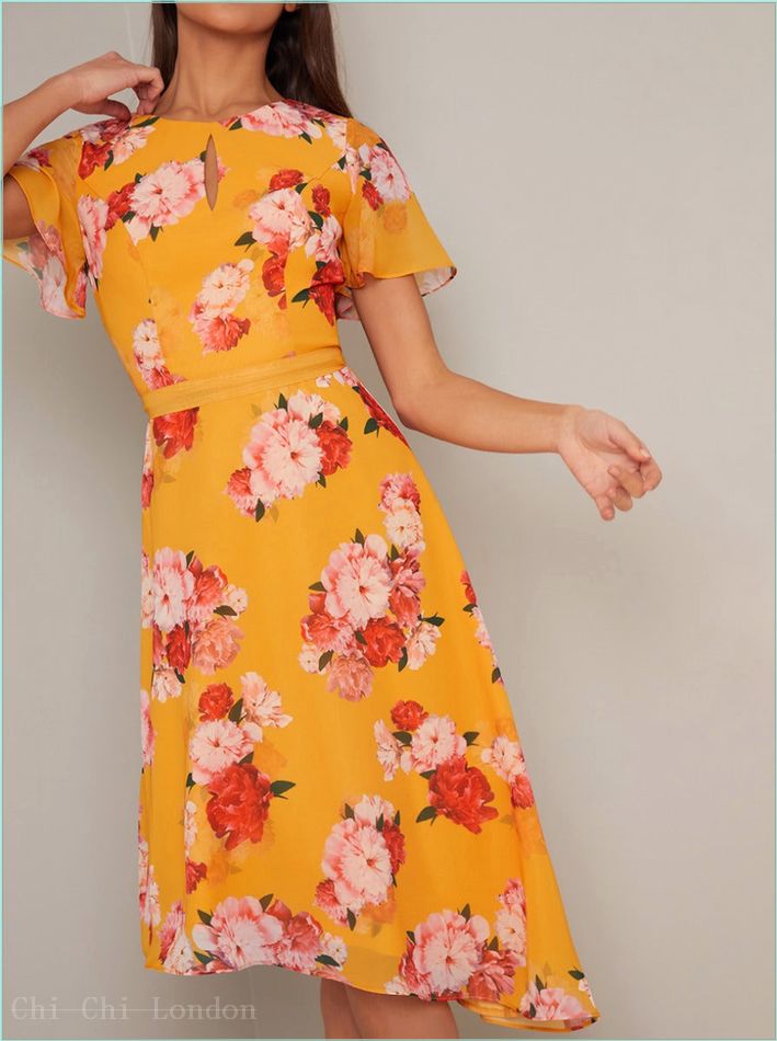  Angel Sleeve Floral Print Midi Dress in Yellow 70800YEL