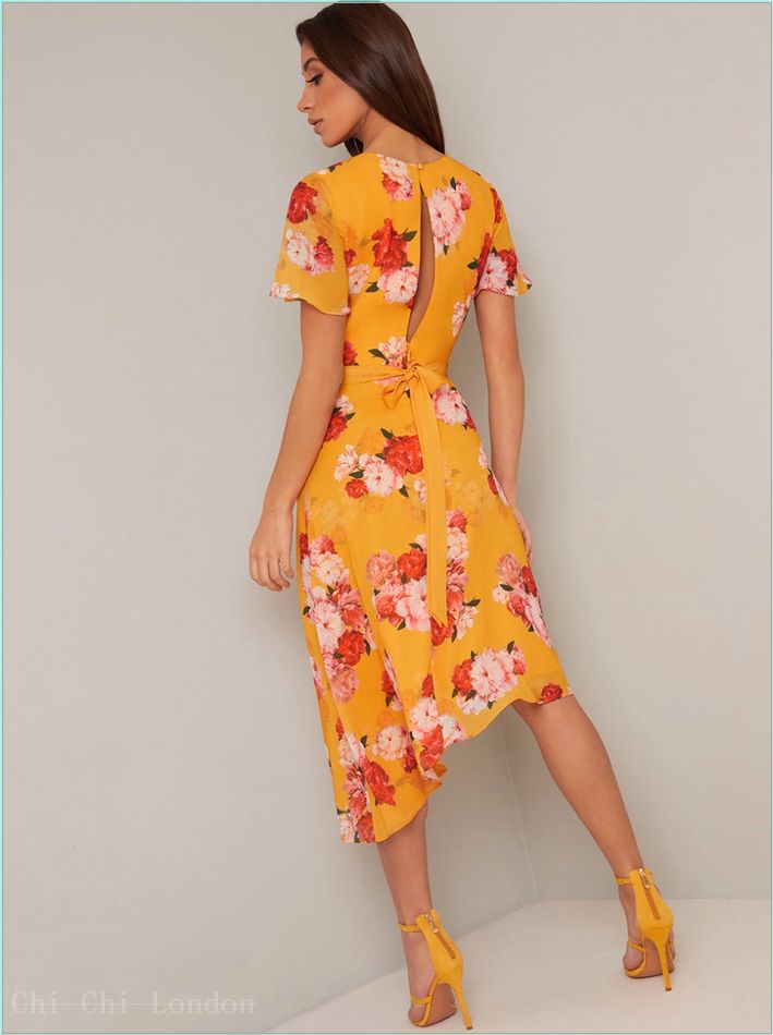  Angel Sleeve Floral Print Midi Dress in Yellow 70800YEL