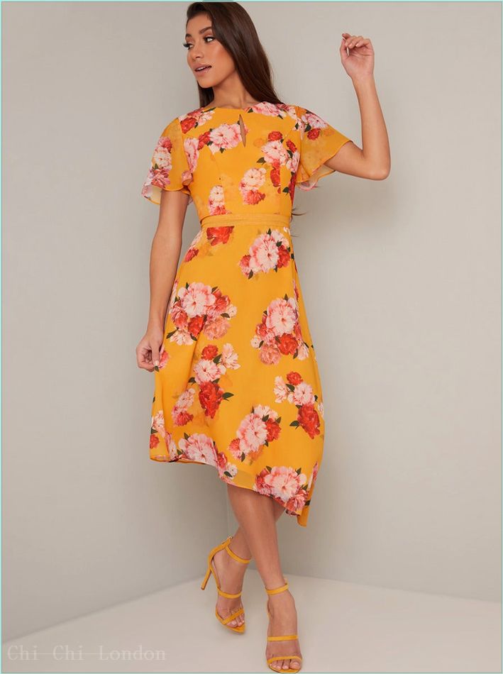  Angel Sleeve Floral Print Midi Dress in Yellow 70800YEL