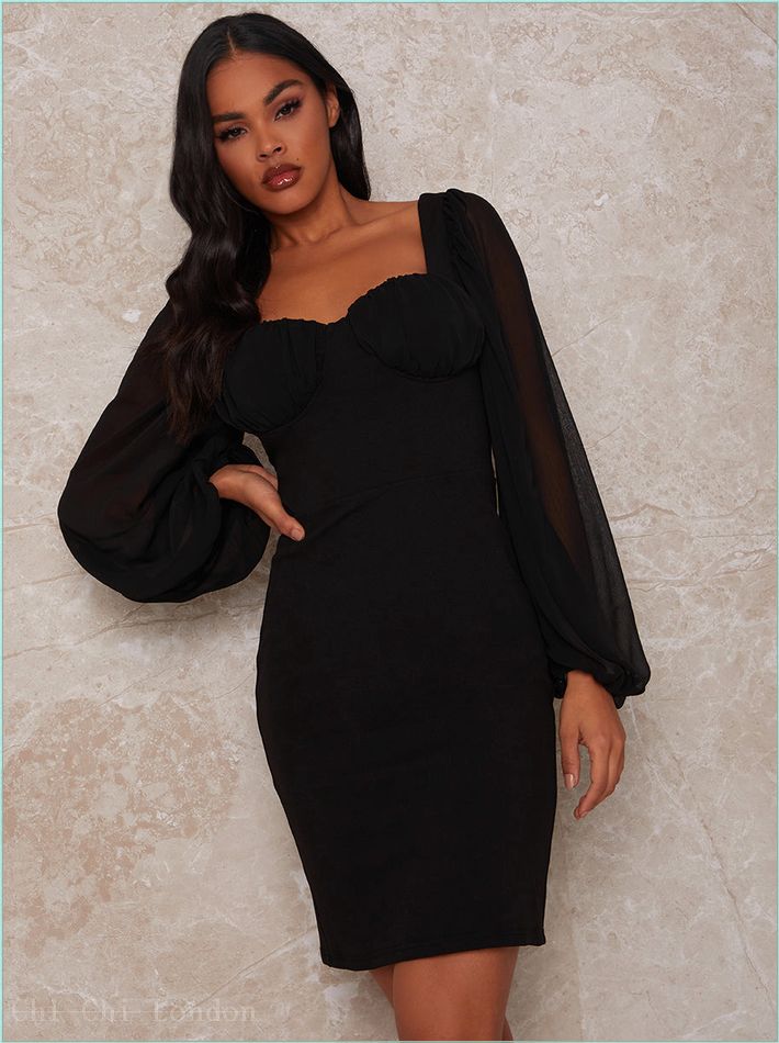  Balloon Sleeve Bodycon Dress in Black D1BK