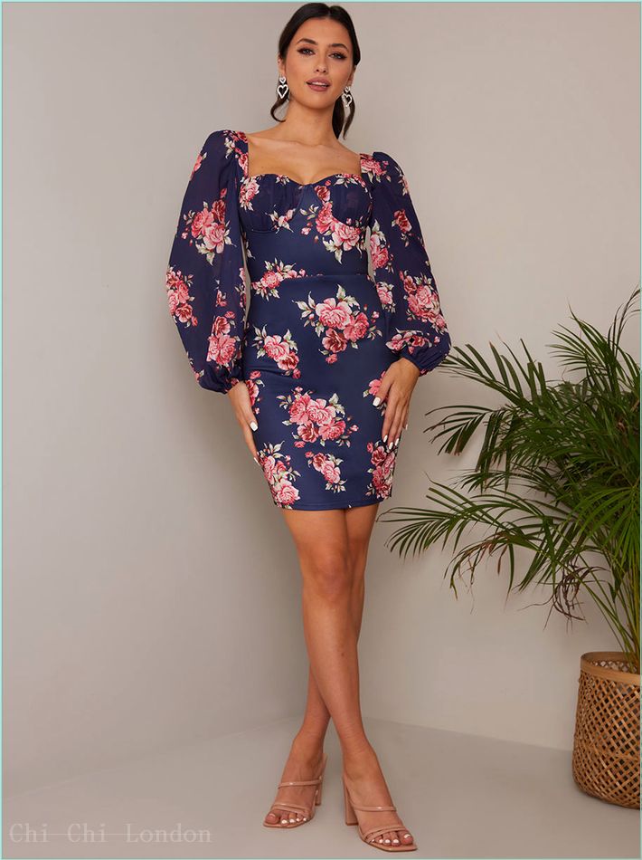  Balloon Sleeve Floral Bodycon Mini Dress in Navy D1NB