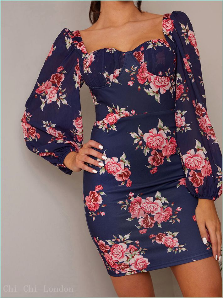  Balloon Sleeve Floral Bodycon Mini Dress in Navy D1NB