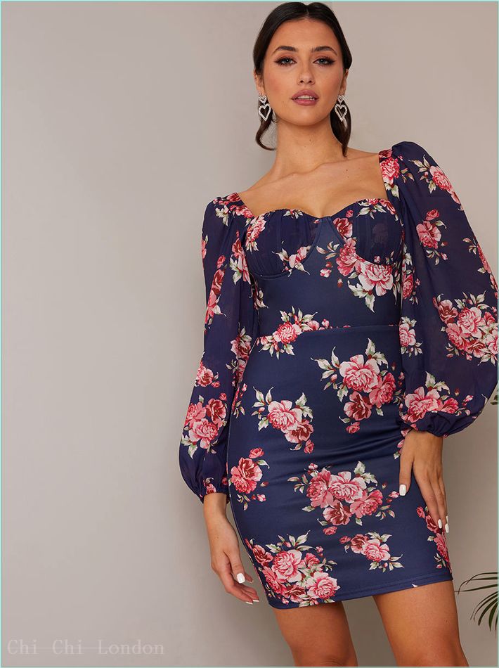  Balloon Sleeve Floral Bodycon Mini Dress in Navy D1NB