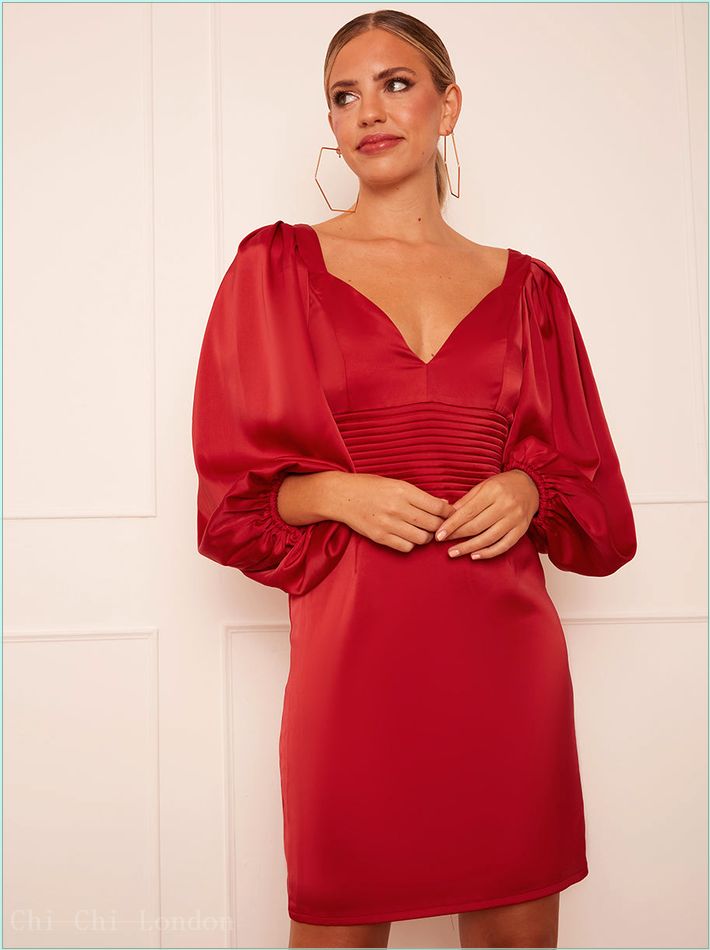  Balloon Sleeve Plunge Bodycon Dress in Red SM5033RE