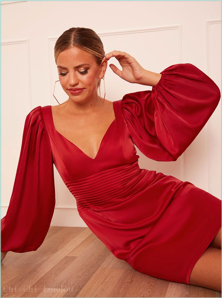  Balloon Sleeve Plunge Bodycon Dress in Red SM5033RE