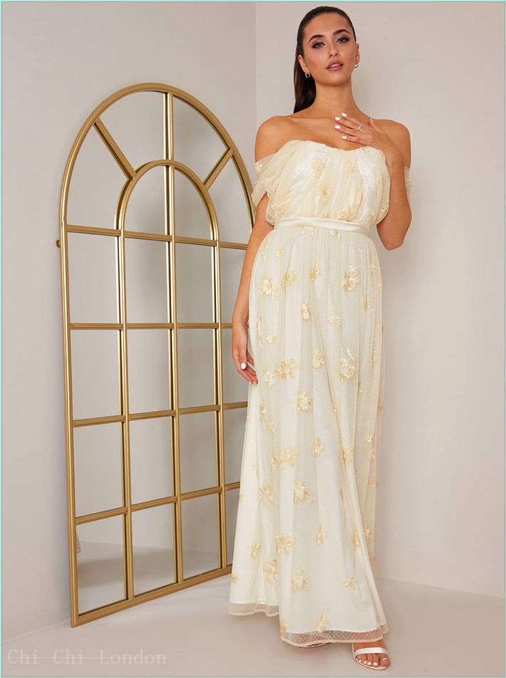  Bardot Embroidered Floral Lace Maxi Dress in Cream 6849MAWH