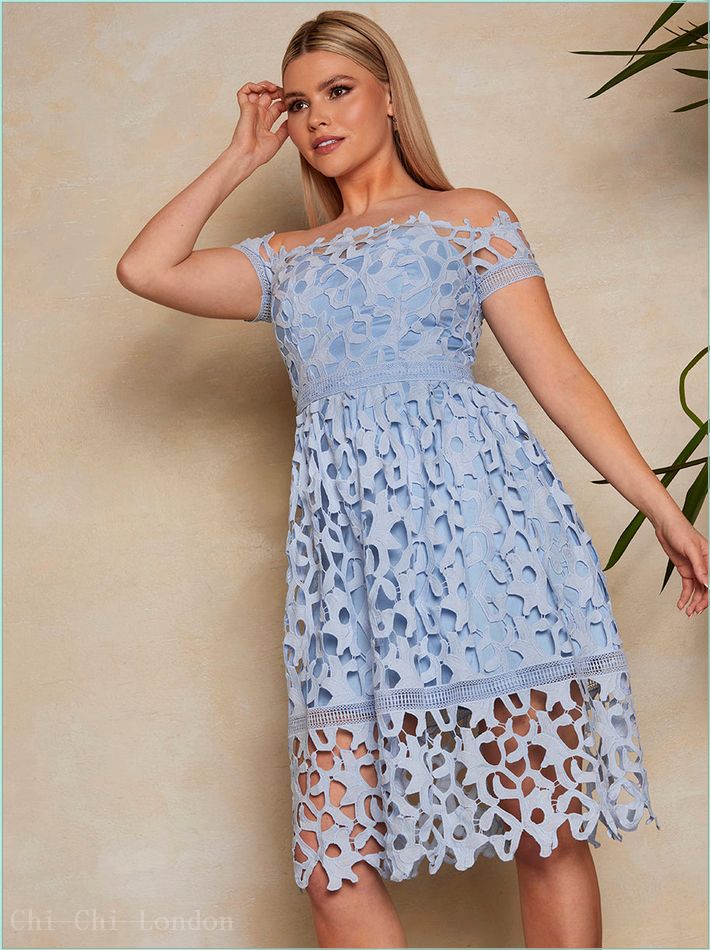  Bardot Lace Midi Crochet Dress in Blue 52580BL