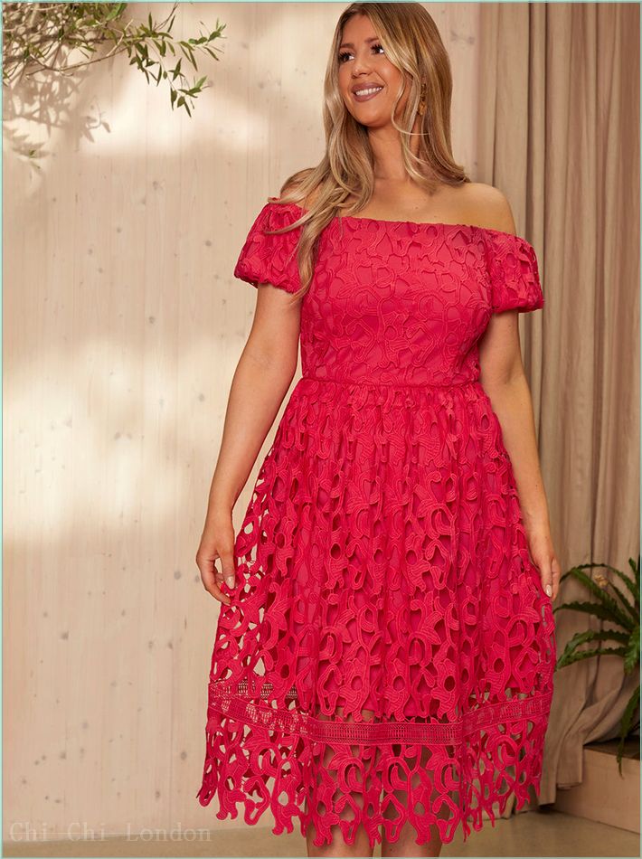  Bardot Premium Lace Fit and Flare Midi Dress in Hot Pink MO0022PI