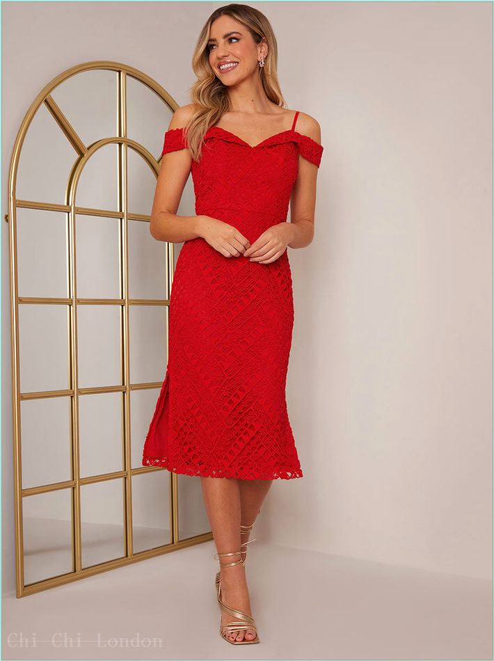  Bardot Premium Lace Midi Dress in Red 71360RE