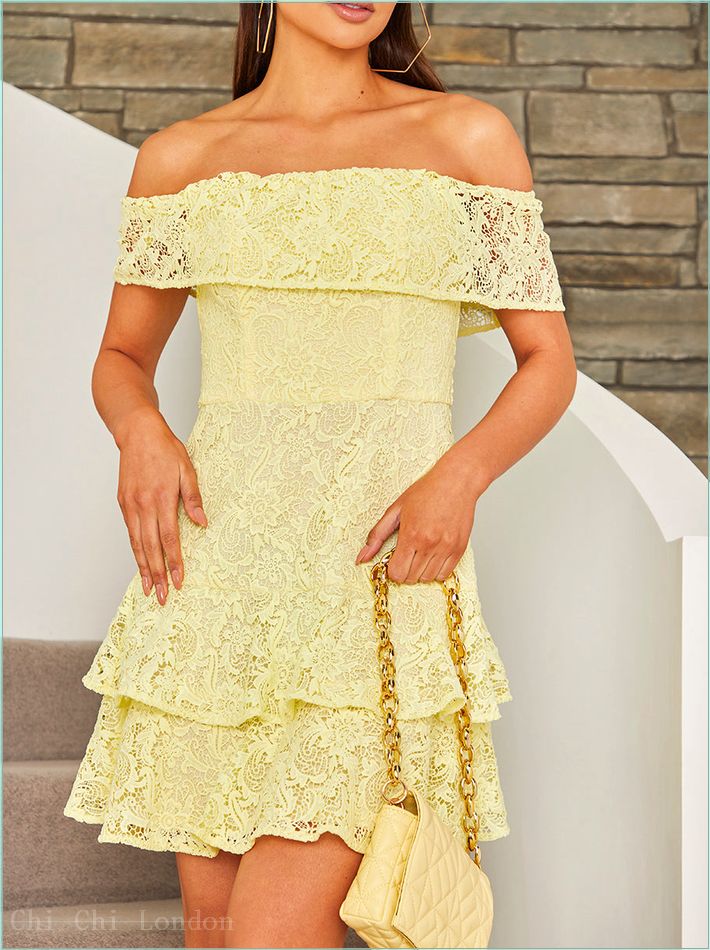  Bardot Premium Lace Tiered Hem Mini Dress in Yellow 20310YEL