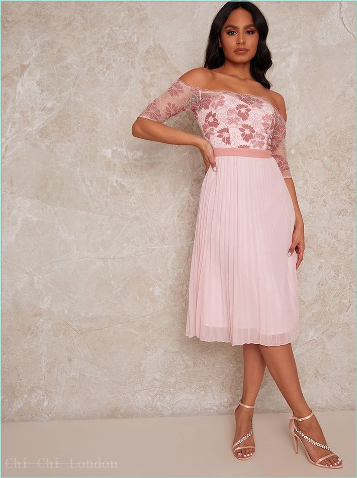  Bardot Sheer Lace Overlay Pleated Midi Dress in Pink 52498PI