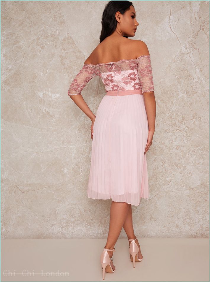  Bardot Sheer Lace Overlay Pleated Midi Dress in Pink 52498PI