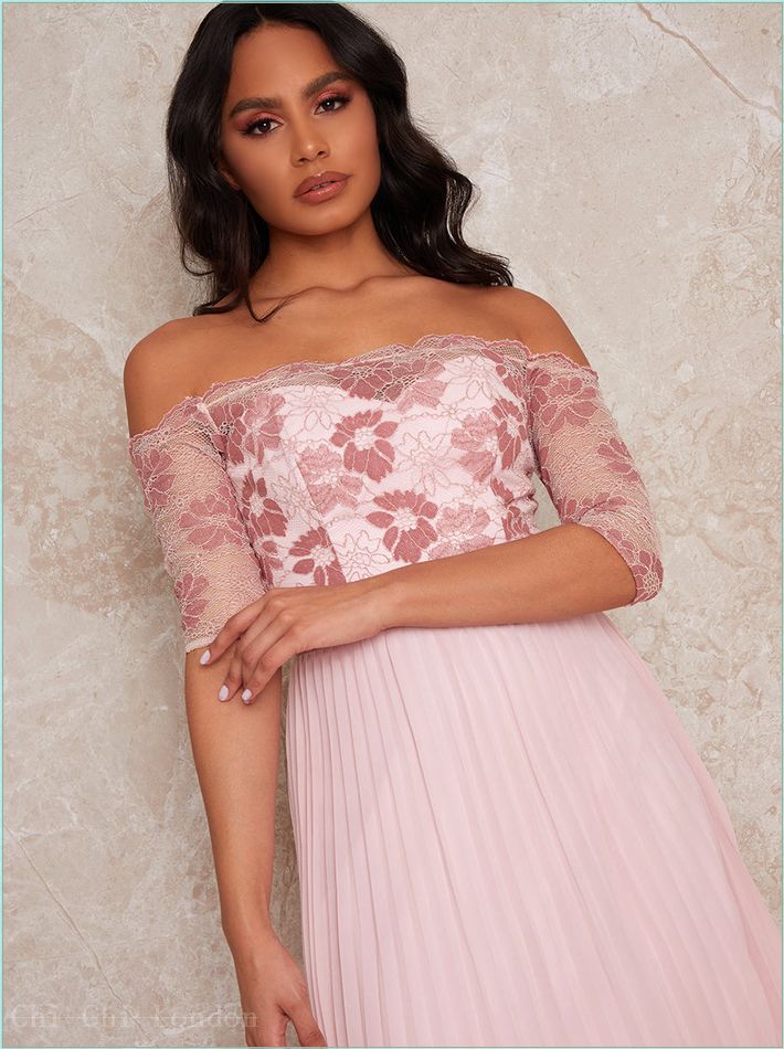  Bardot Sheer Lace Overlay Pleated Midi Dress in Pink 52498PI