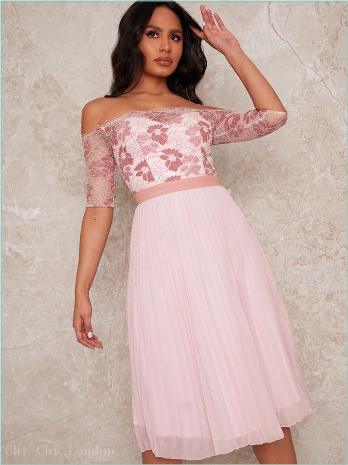  Bardot Sheer Lace Overlay Pleated Midi Dress in Pink 52498PI