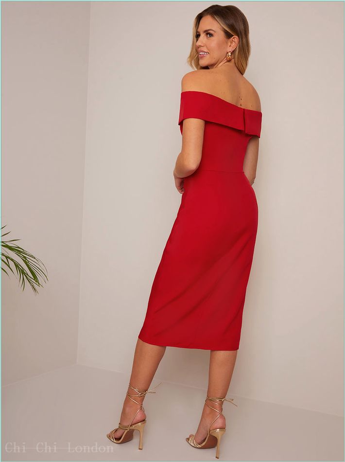  Bardot Split Detail Bodycon Midi Dress in Red EM1940RE