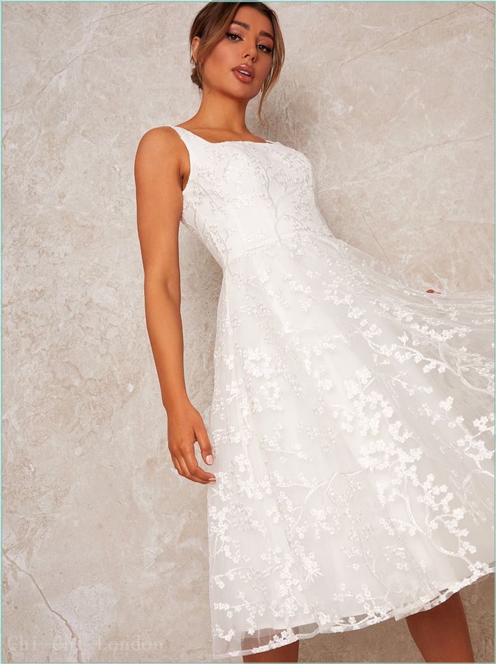  Bridal Sleeveless Square Neck Lace Midi Dress in White 71047WH