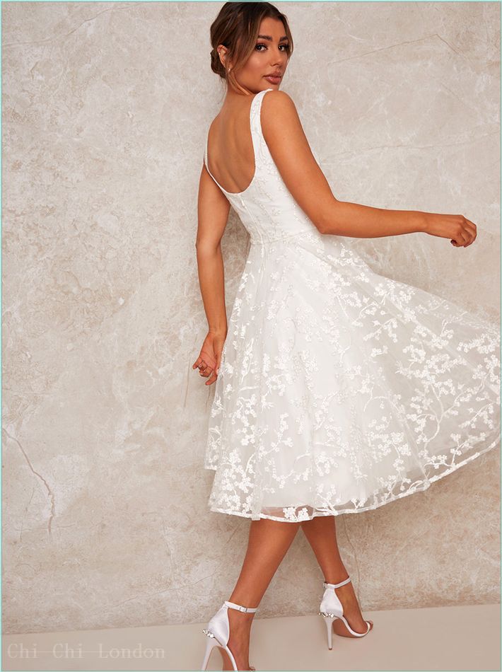  Bridal Sleeveless Square Neck Lace Midi Dress in White 71047WH