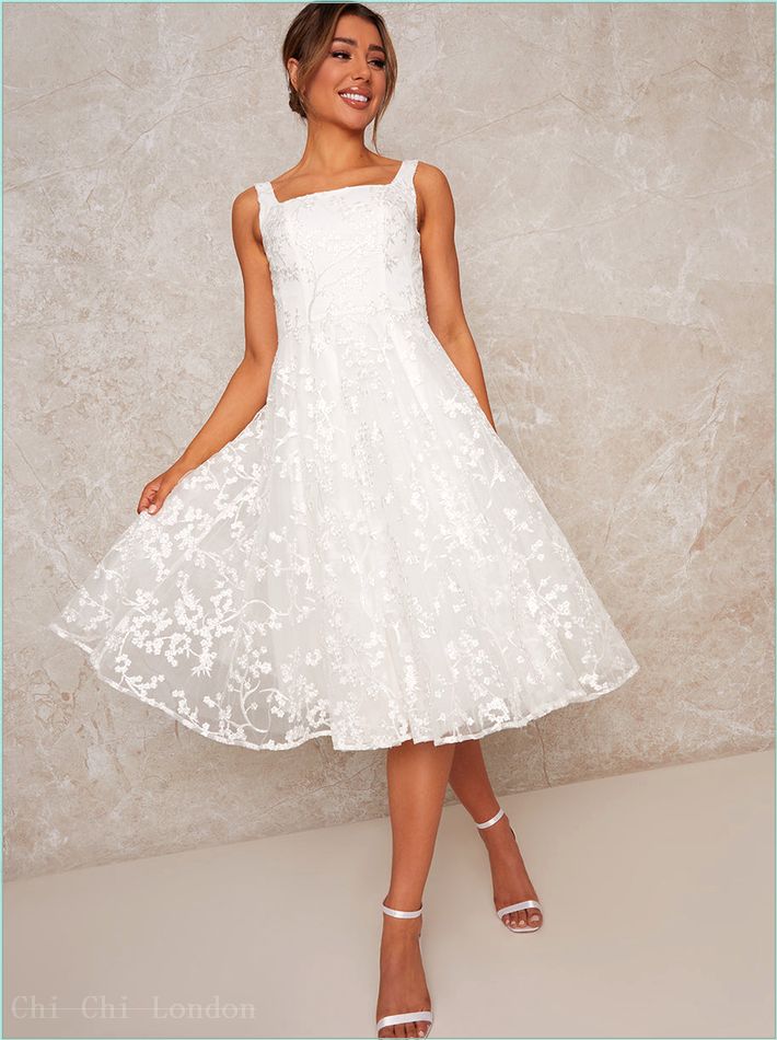  Bridal Sleeveless Square Neck Lace Midi Dress in White 71047WH