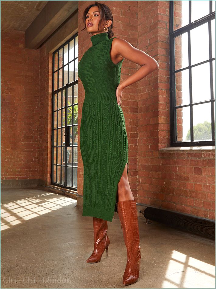  Cable Knit Sleeveless Midi Dress in Green FA21389GN