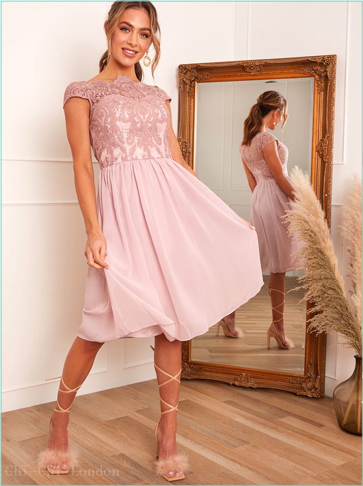  Cap Sleeve Lace Skater Midi Dress in Pink 517874MI