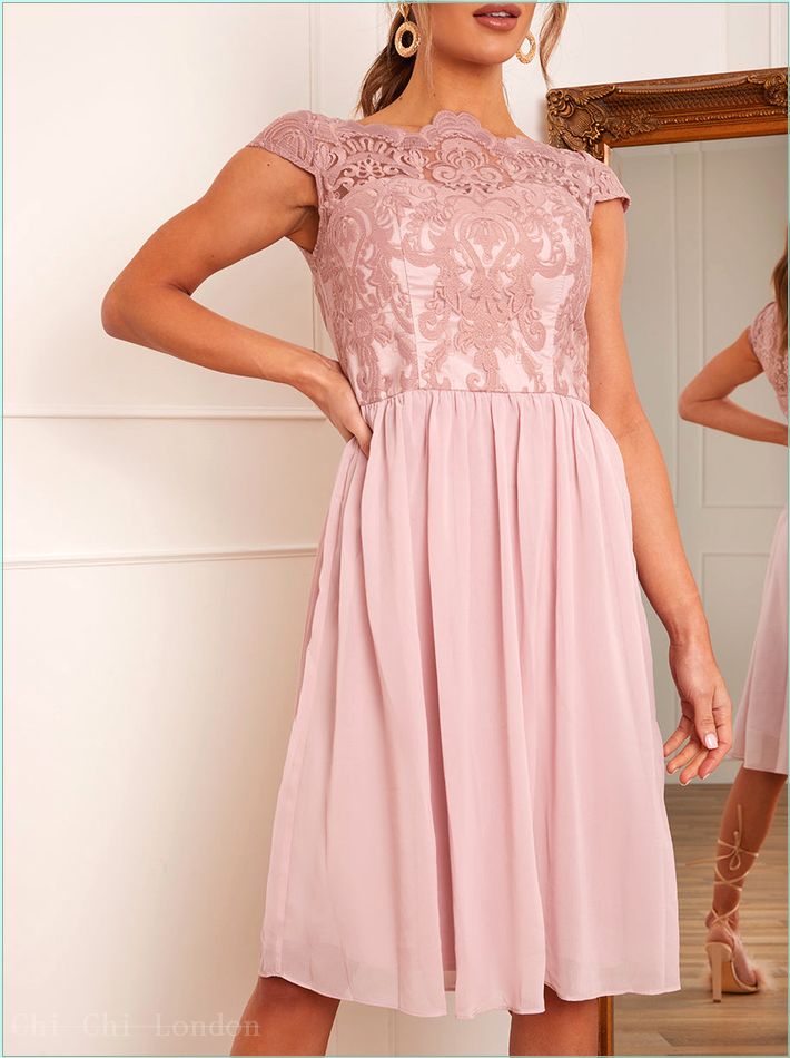  Cap Sleeve Lace Skater Midi Dress in Pink 517874MI