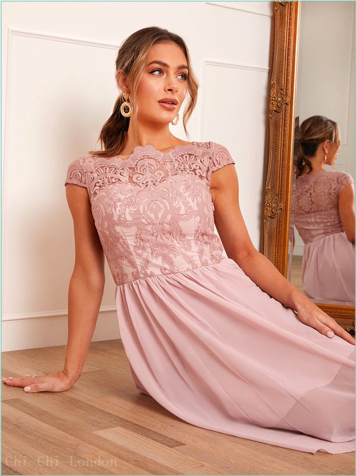  Cap Sleeve Lace Skater Midi Dress in Pink 517874MI