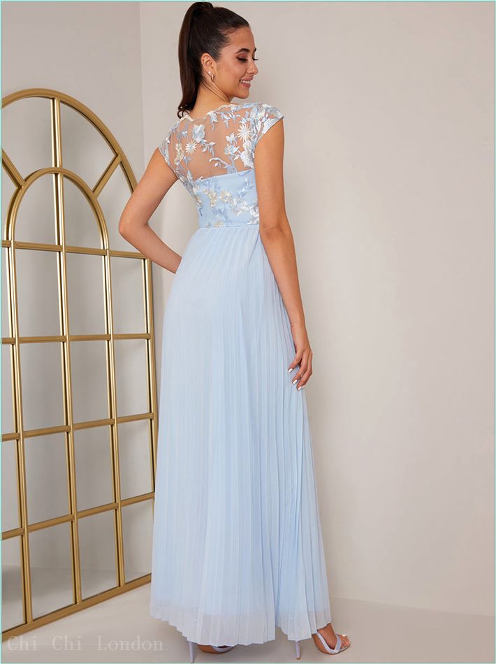  Cap Sleeved Embroidered Bodice Maxi Dress in Blue 52606MBL