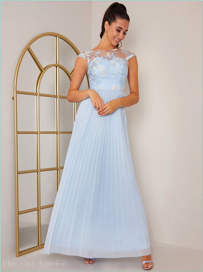  Cap Sleeved Embroidered Bodice Maxi Dress in Blue 52606MBL