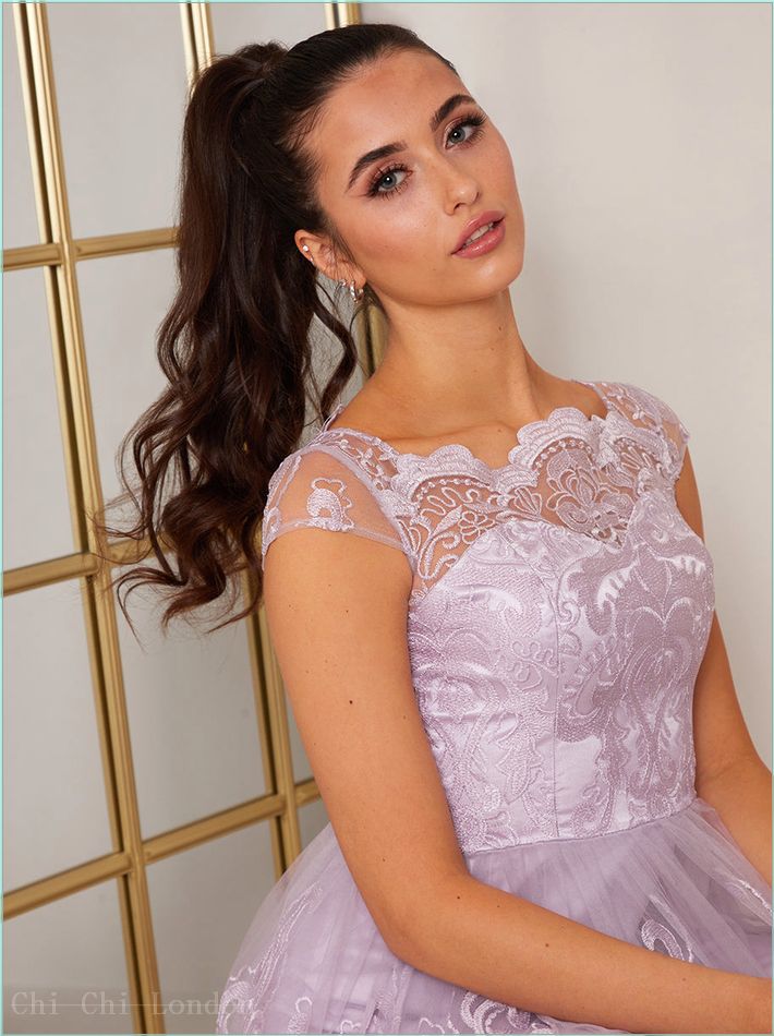  Cap Sleeved Embroidered Scallop Hem Midi Dress in Lilac 41735LI