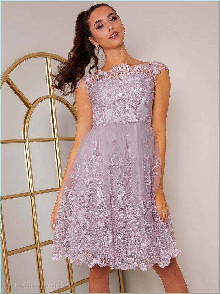  Cap Sleeved Embroidered Scallop Hem Midi Dress in Lilac 41735LI