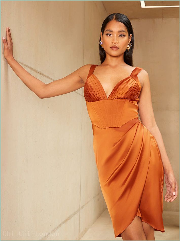  Corset Style Bodycon Satin Midi Dress in Rust 81023RU