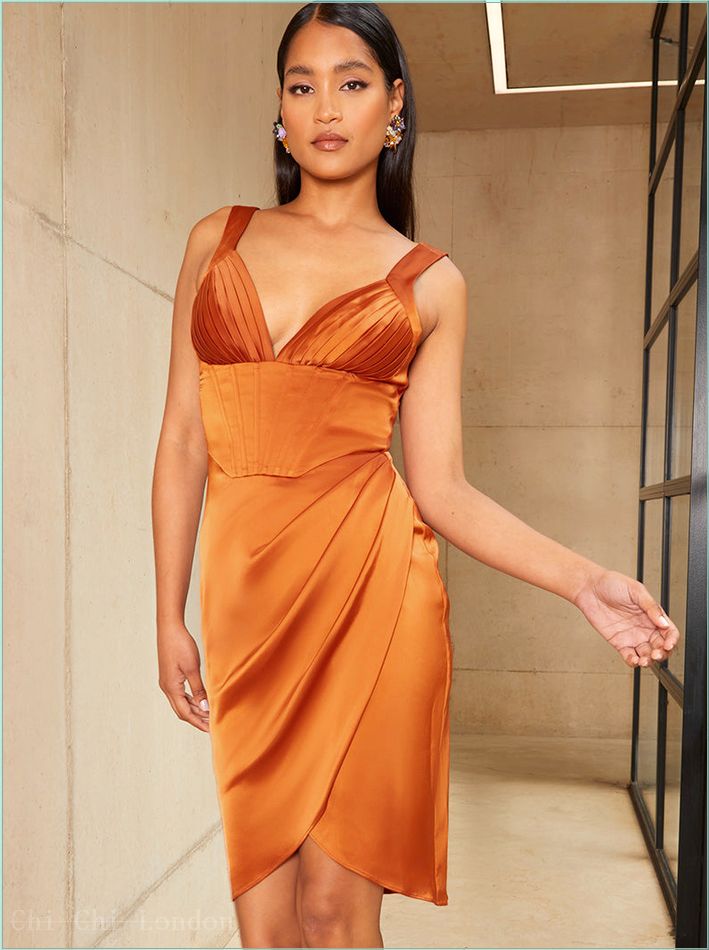  Corset Style Bodycon Satin Midi Dress in Rust 81023RU