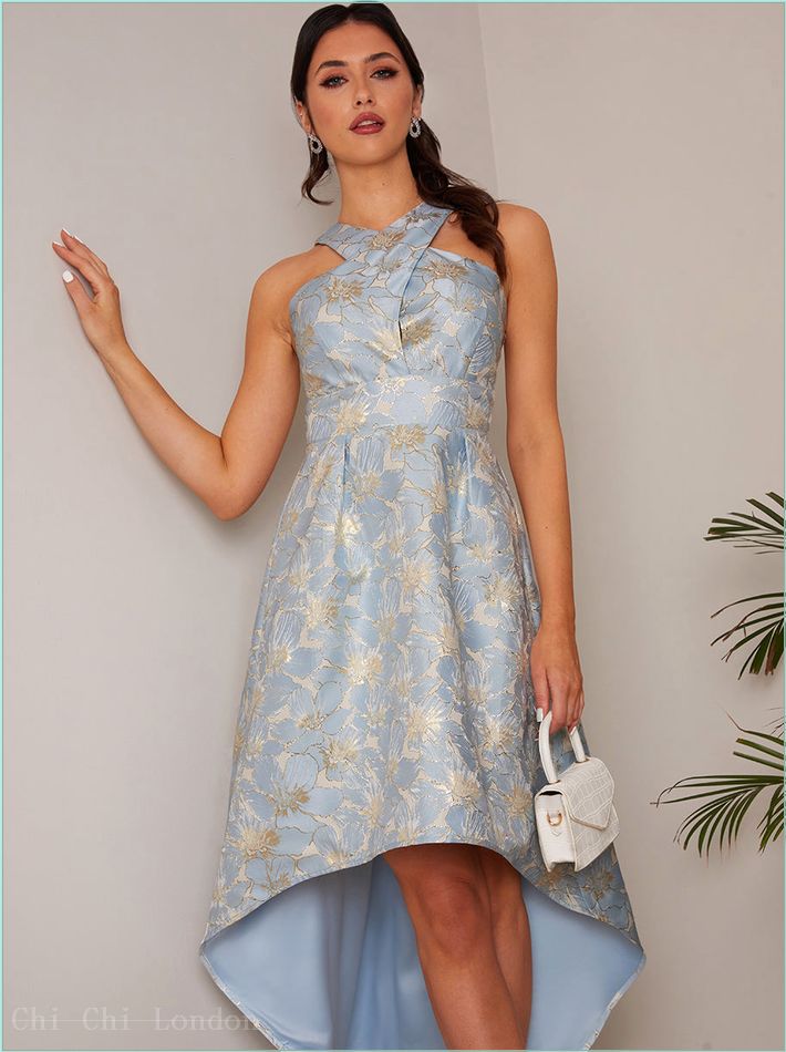  Cross Front Halter Floral Jacquard Dip Hem Dress in Blue WX2381BL