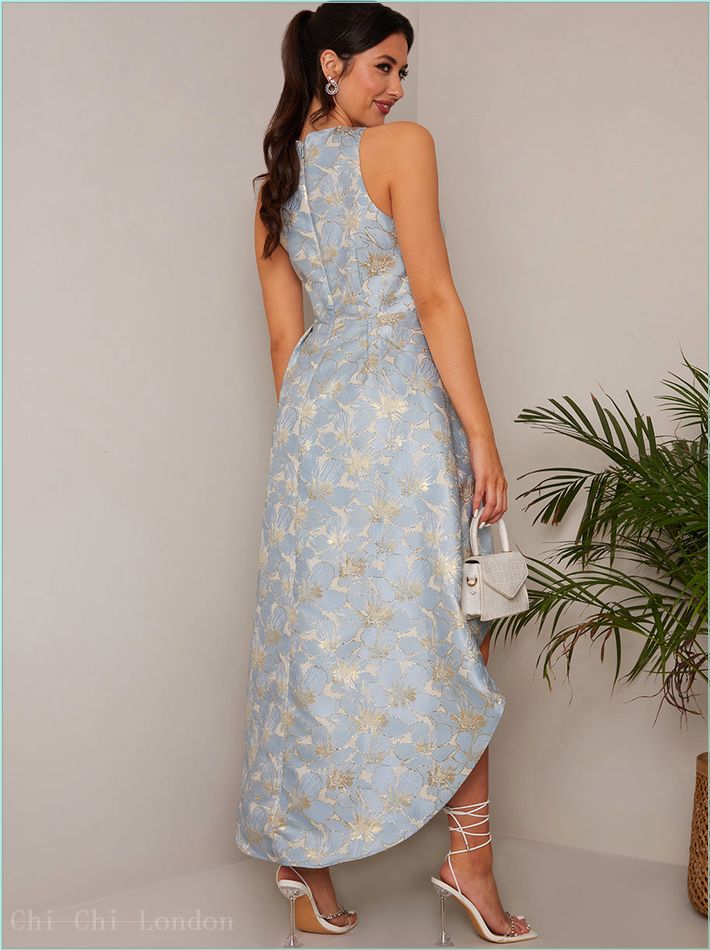  Cross Front Halter Floral Jacquard Dip Hem Dress in Blue WX2381BL