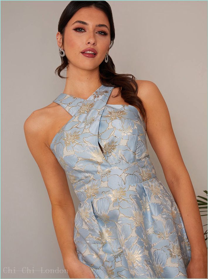  Cross Front Halter Floral Jacquard Dip Hem Dress in Blue WX2381BL