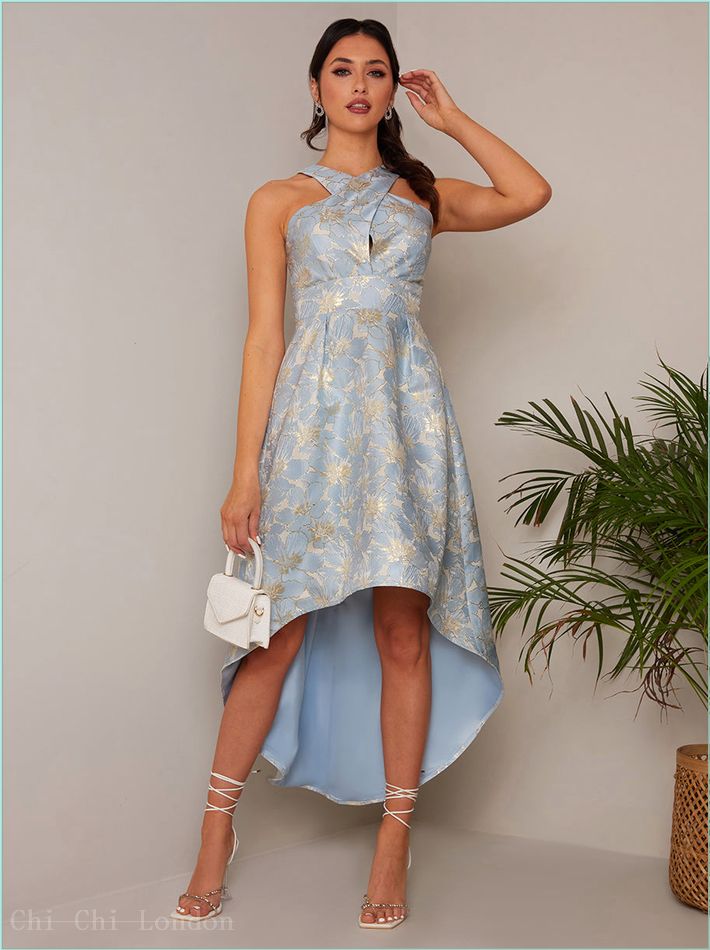  Cross Front Halter Floral Jacquard Dip Hem Dress in Blue WX2381BL