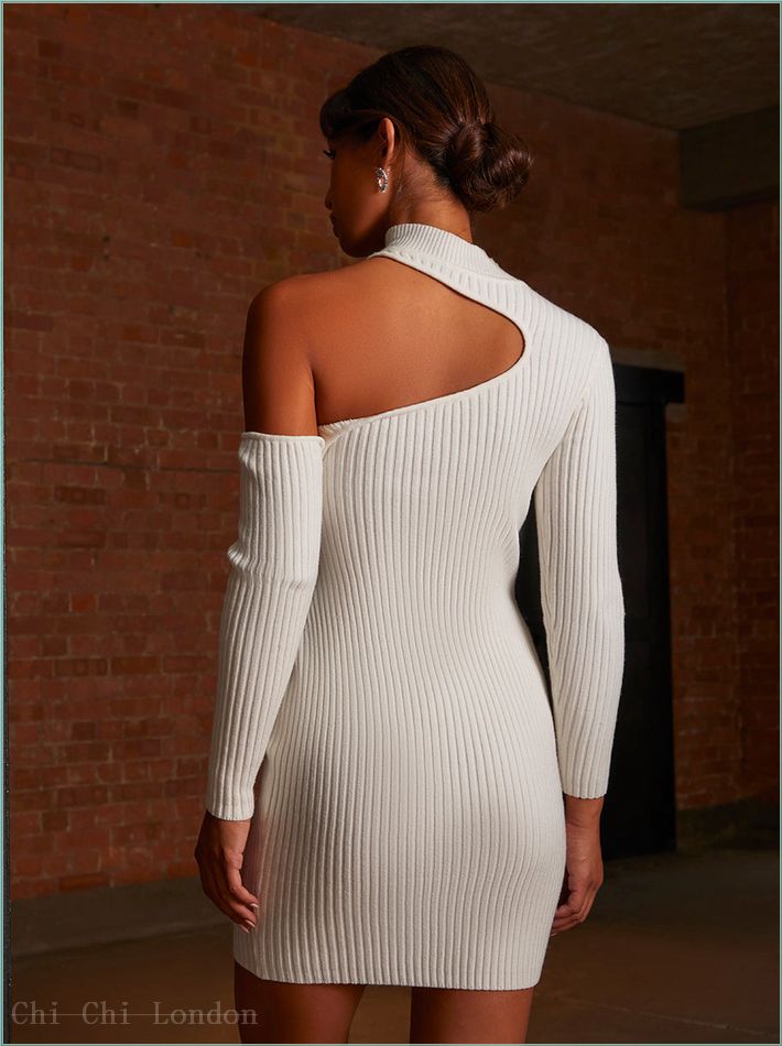  Cut-Out Long Sleeve Knitted Rib Dress in White EM107WH