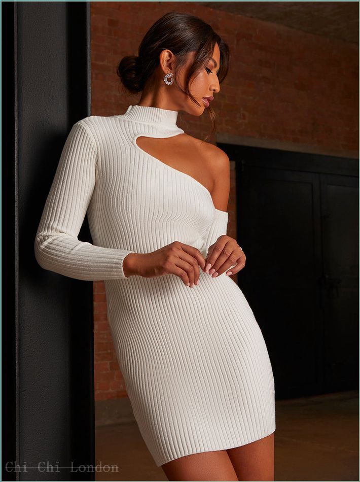  Cut-Out Long Sleeve Knitted Rib Dress in White EM107WH