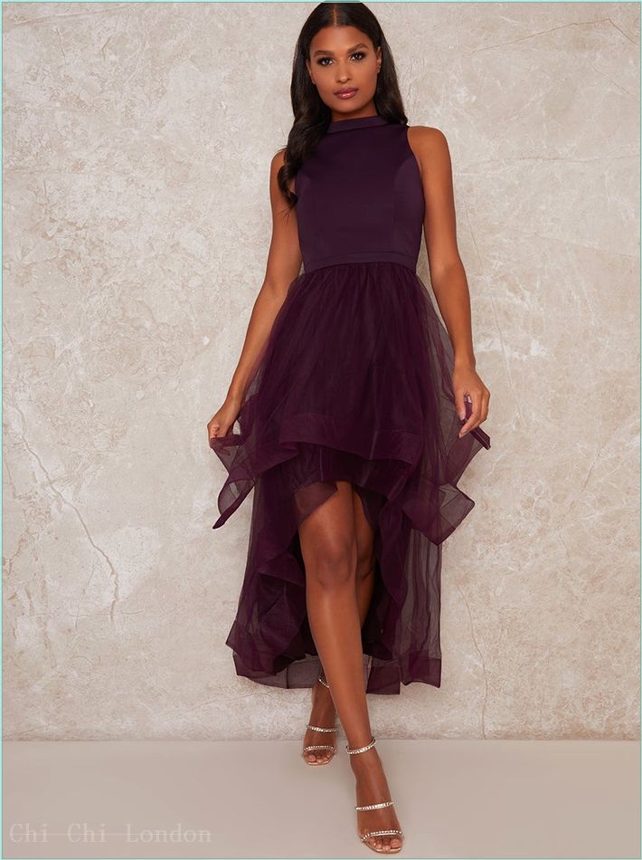  Dip Hem High Neck Dress with Tulle Skirt in Purple 1518BERR