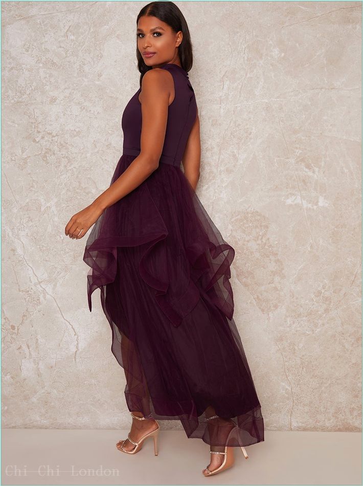  Dip Hem High Neck Dress with Tulle Skirt in Purple 1518BERR