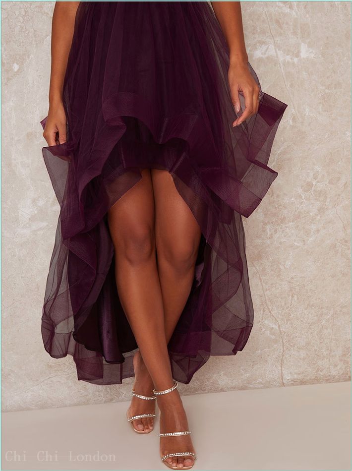  Dip Hem High Neck Dress with Tulle Skirt in Purple 1518BERR