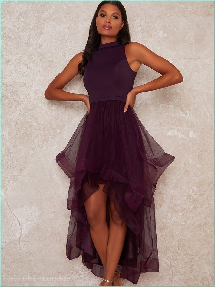  Dip Hem High Neck Dress with Tulle Skirt in Purple 1518BERR