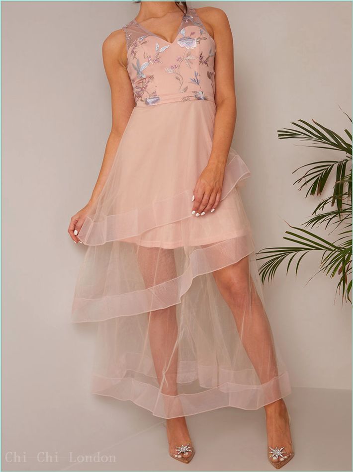  Embroidered Floral Tiered Dip Hem Dress in Pink 71303PI