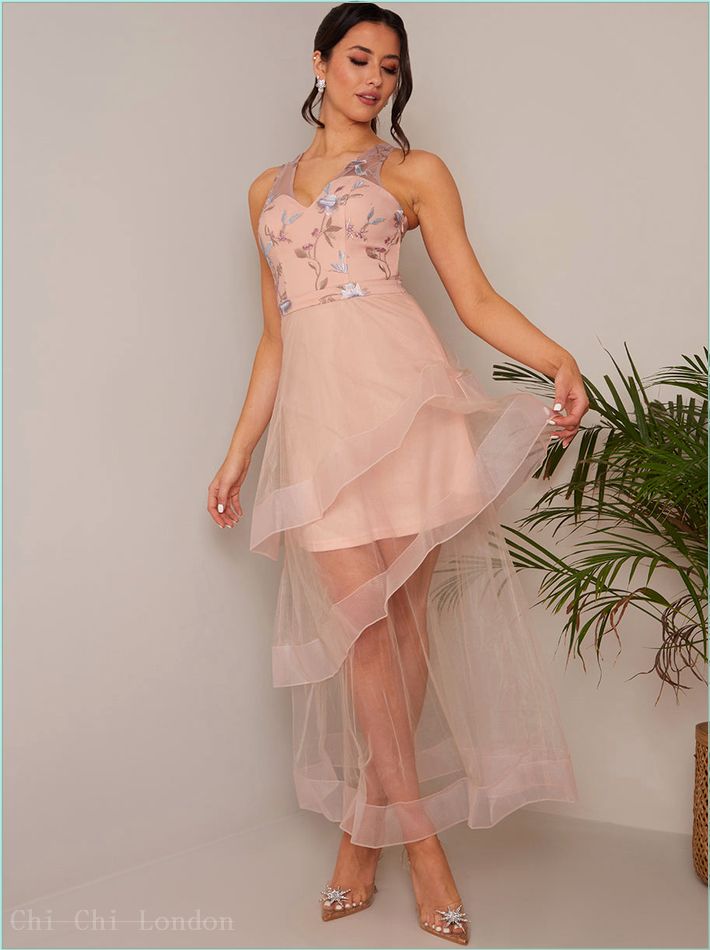  Embroidered Floral Tiered Dip Hem Dress in Pink 71303PI