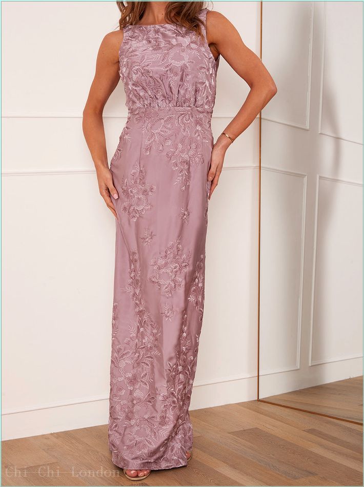  Embroidered Lace Cowl Back Maxi Dress in Lilac 71305LI