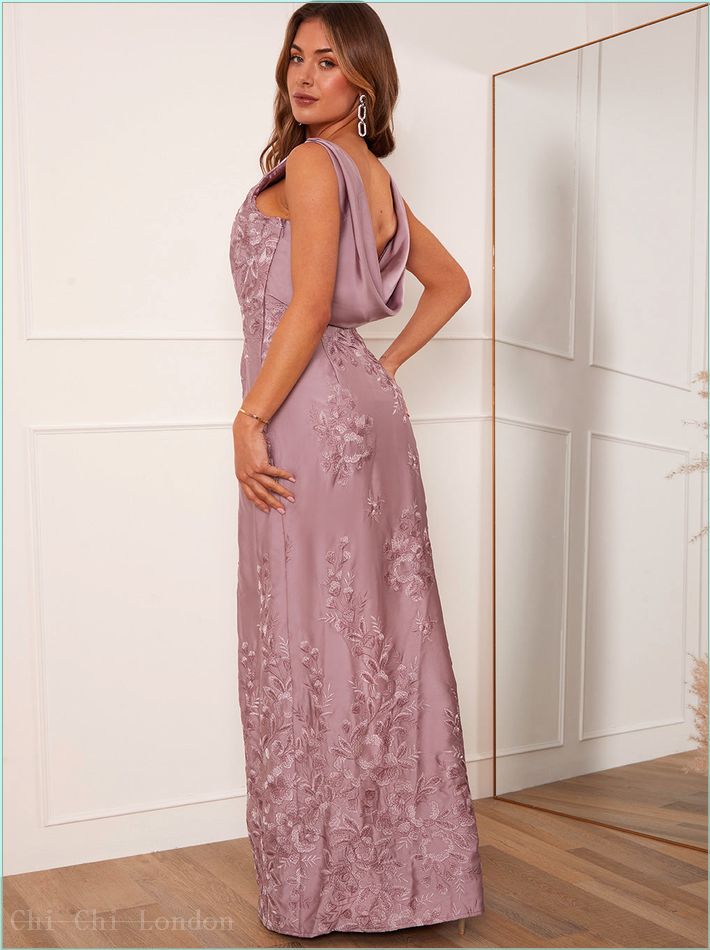  Embroidered Lace Cowl Back Maxi Dress in Lilac 71305LI