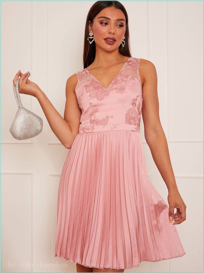  Embroidered Lace Pleated Mini Dress in Pink 81019PI