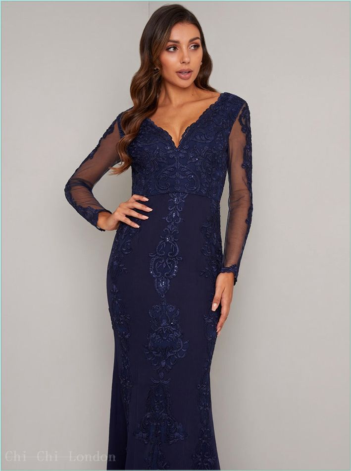  Embroidered Lace Sheer Sleeved Maxi Dress in Blue 80020NB