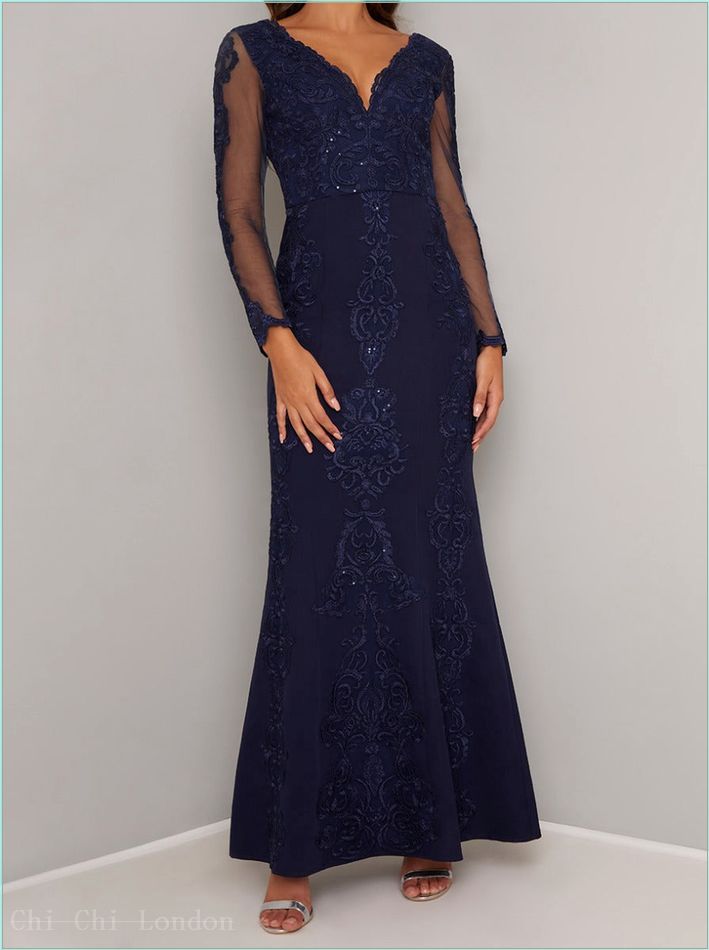  Embroidered Lace Sheer Sleeved Maxi Dress in Blue 80020NB